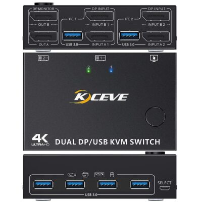 DP KVM 切替器 2入力2出力PC2台対応 USB 3.0 DisplayPort デュアルモニター KVMスイッチ 8K@30Hz 4K@120Hz 4xUSB3.0 2モニター 2コンピュータ 4USB3.0ハブ付き、USBスイッチ ハブ キーボード マウス モニターを共有Displayport 切替器サポート