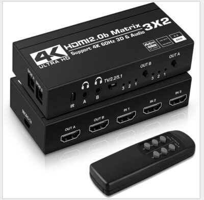 HDMIマトリックス切替器 3入力2出力 HDMI2.0 HDCP2.2 4K60HZ HDR 音声分離 光デジタル 異なる解像度で出力可能 日本語取扱説明書付き