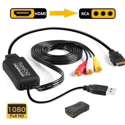 Iseebiz HDMI 変換 コンポジットアダプター HDMI-AV変換アダプター 改良品 車載用 HDMI to RCA/AV/コンポジット 変換アダプター 変換ケーブル 1080P USB給電 車載モニター対応 ソフト不要 アナログ RCA